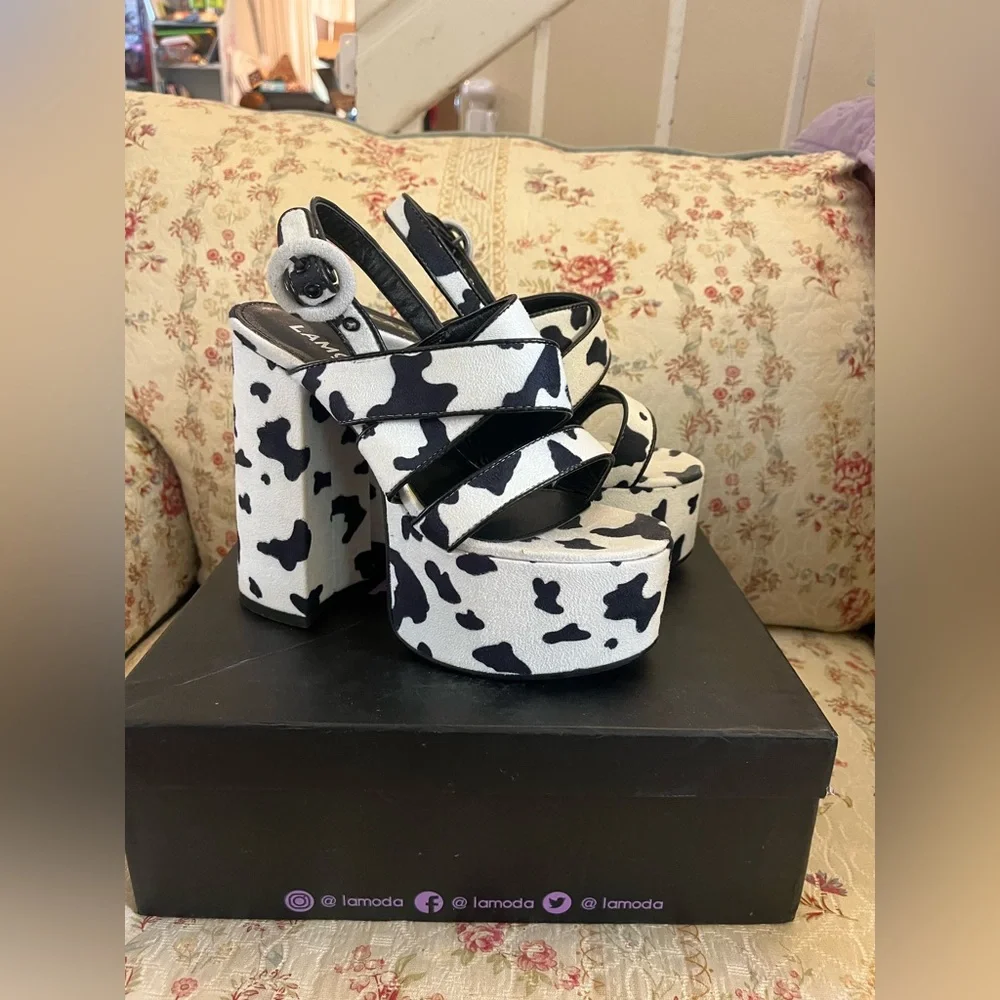 Lamoda On Vacay Chunky Platform Sandals in Cow Print New! - Picture 7 of 11